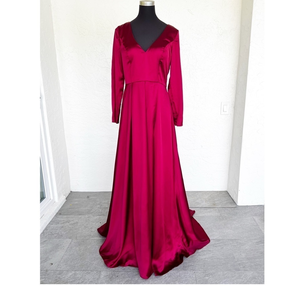 Mac Duggal Red Satin Long Sleeve Satin Formal Prom Pageant Gown Dress Size 8 - Picture 5 of 11